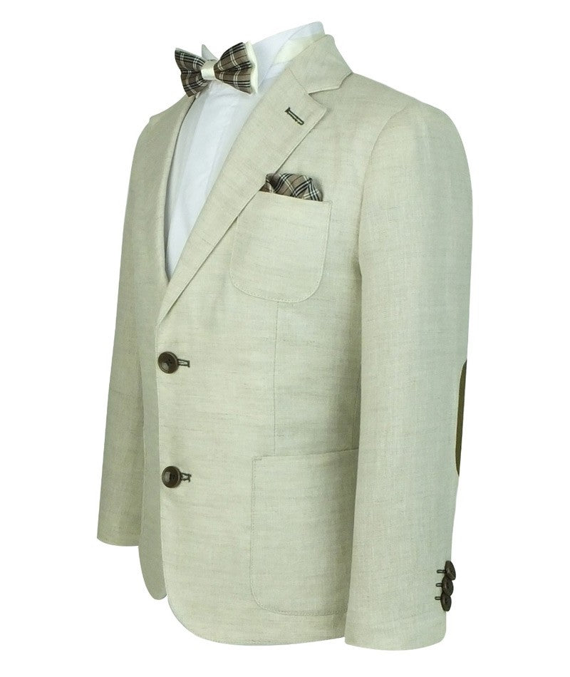 Boys Linen Suit with Elbo Patches - Tan Beige