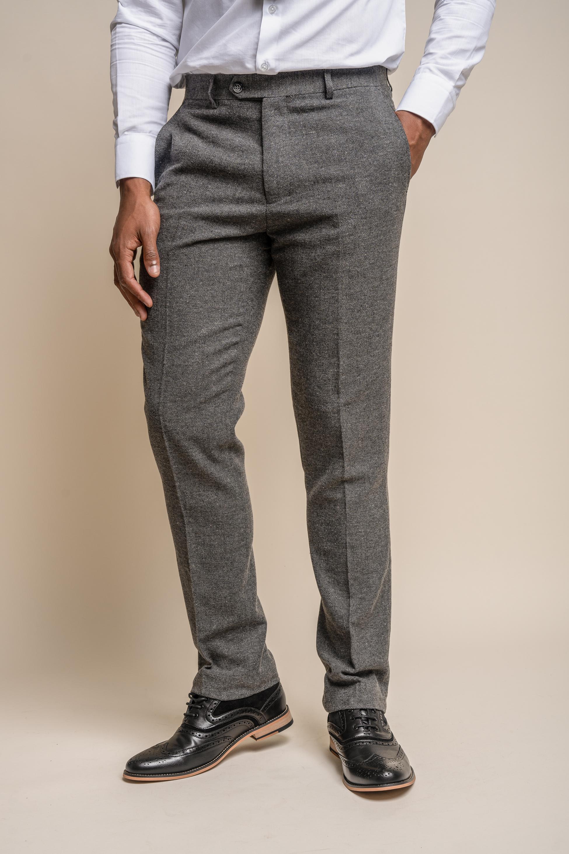 Men's Herringbone Tweed Slim Fit Trousers - MARTEZ - Grey