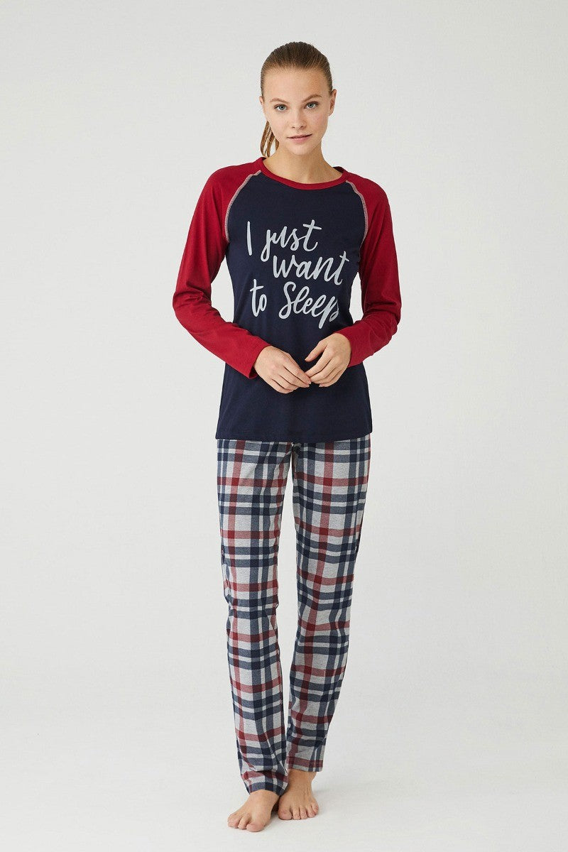 Women's Comfortable Navy & Burgundy Pyjama - Burgundy - Navy Blue