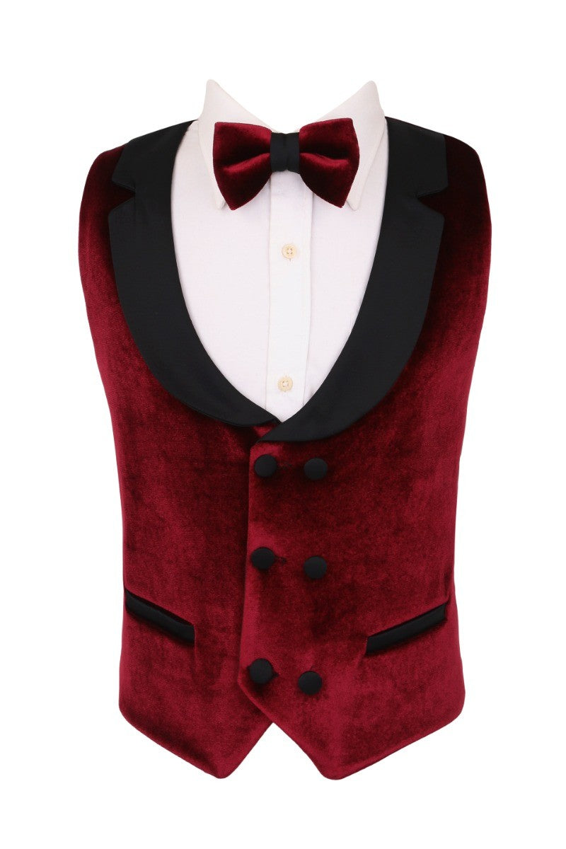 Boys Velvet Tuxedo 5 Piece Dinner Suit - Burgundy and Black