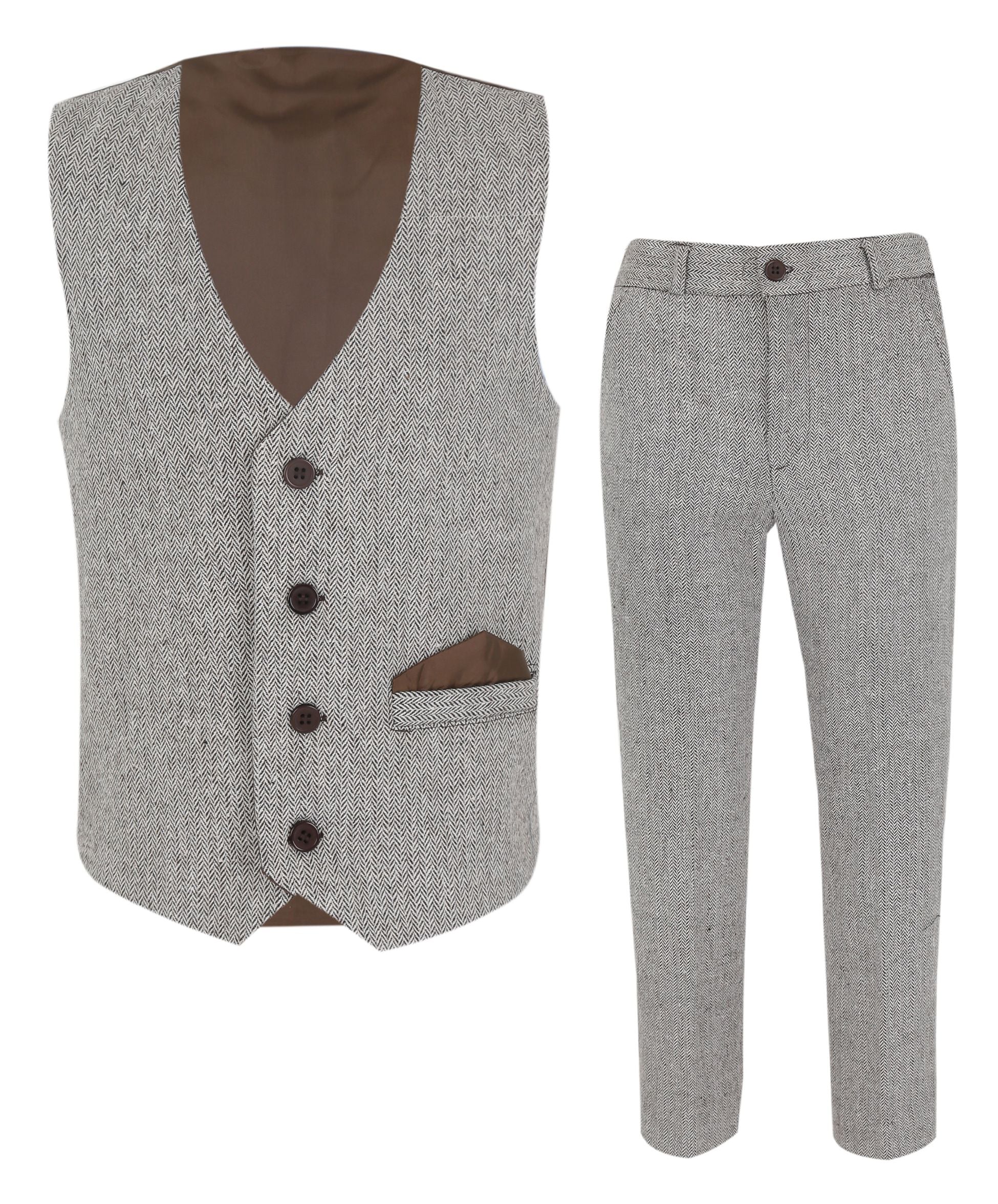 Boys Herringbone Tweed Waistcoat Suit Set - Dark Grey