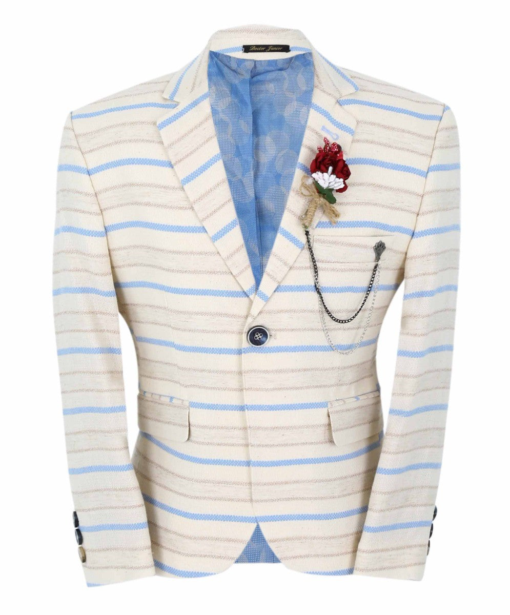 Boys Slim Fit Striped Blazer - Beige - Blue