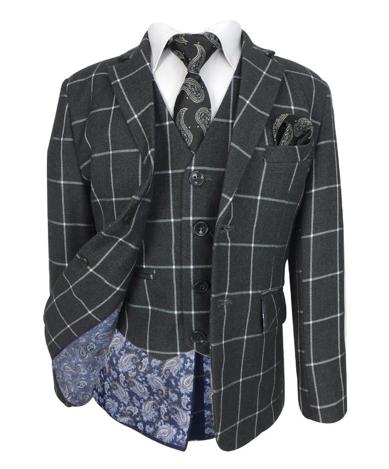 Boys Windowpane Check Suit Set - Charcoal Grey