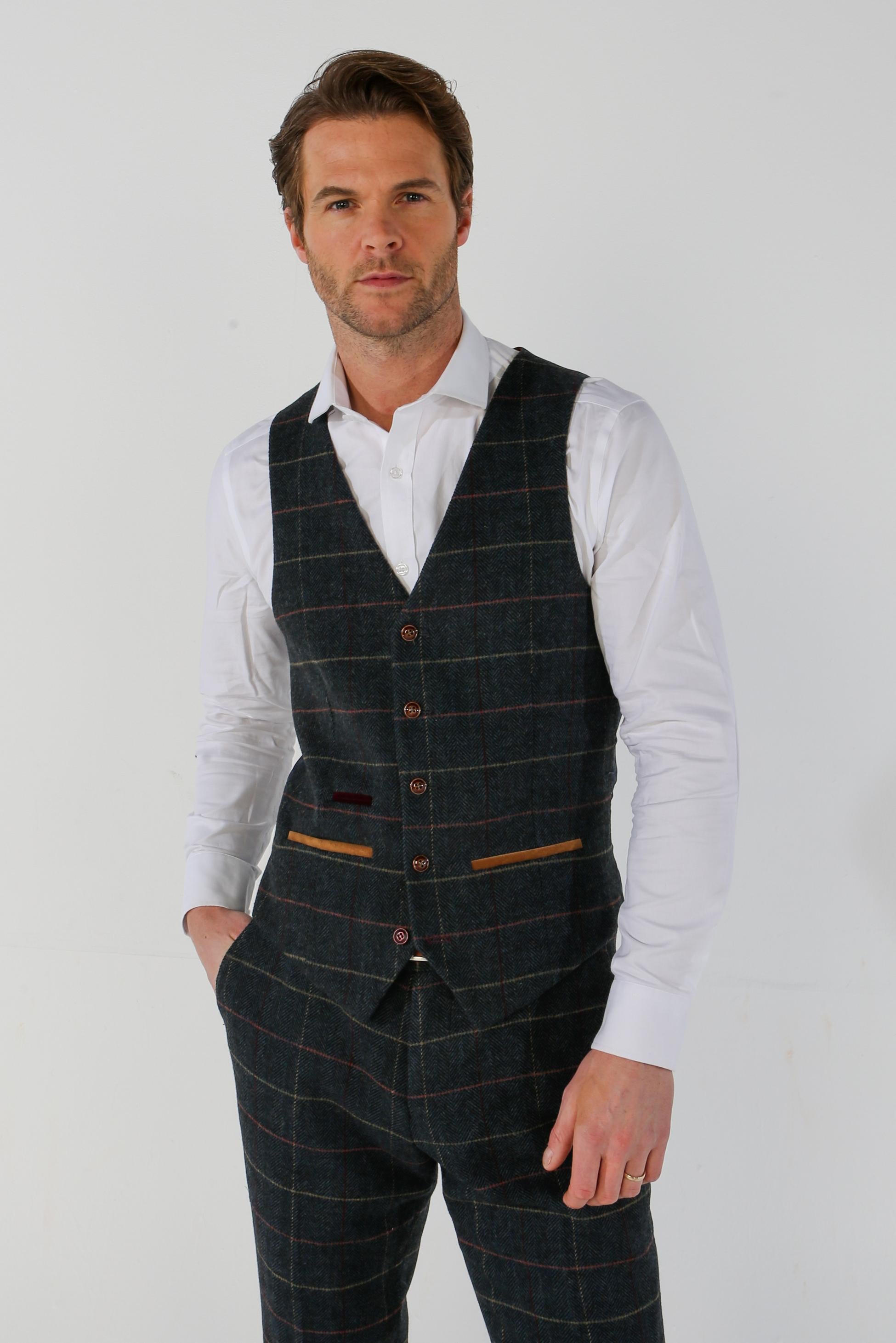 Men's Tweed Check Plaid Navy Waistcoat - THOMAS - Navy Blue