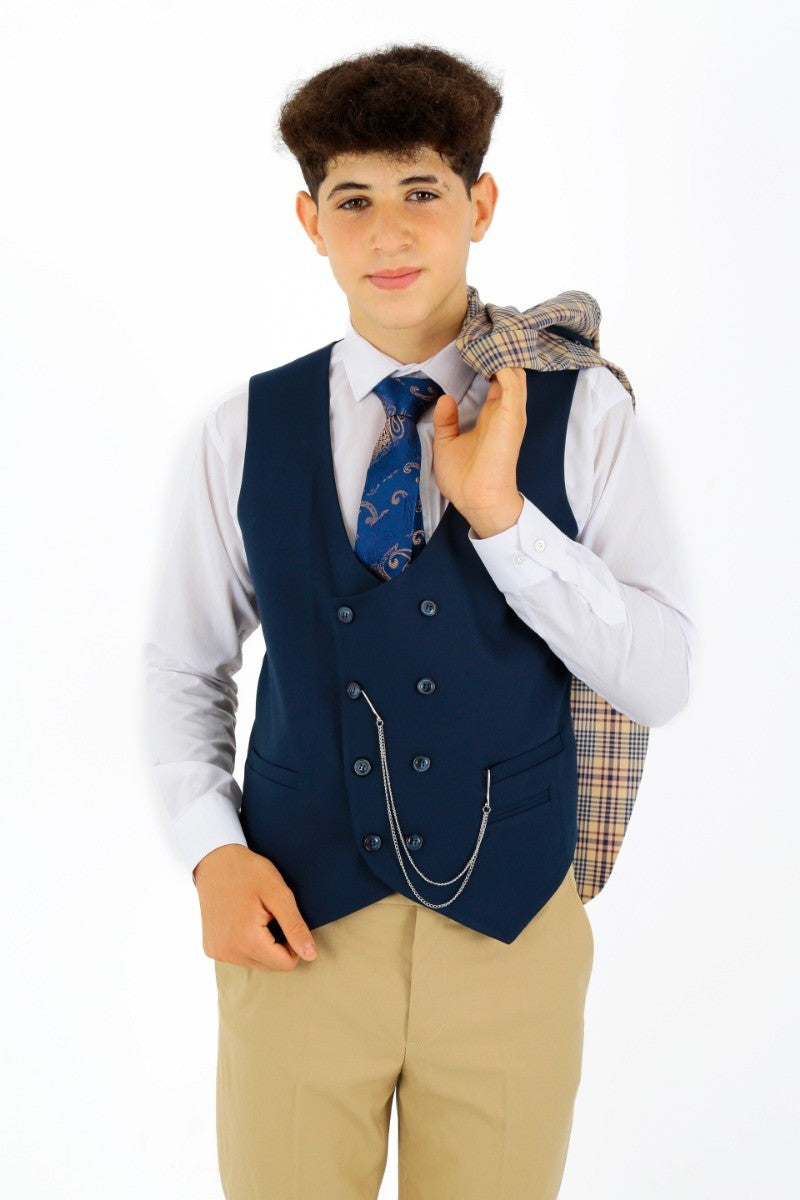 Boys Plaid Check Slim Fit Suit - Beige - Navy Blue