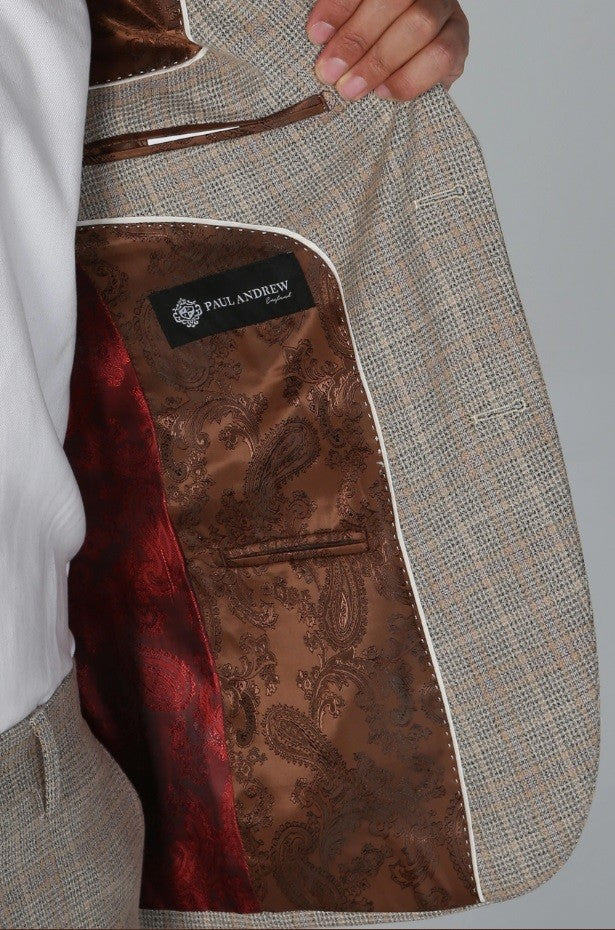 Men's Tweed Check Tailored Fit Beige Suit - HOLLAND - Beige - Brown