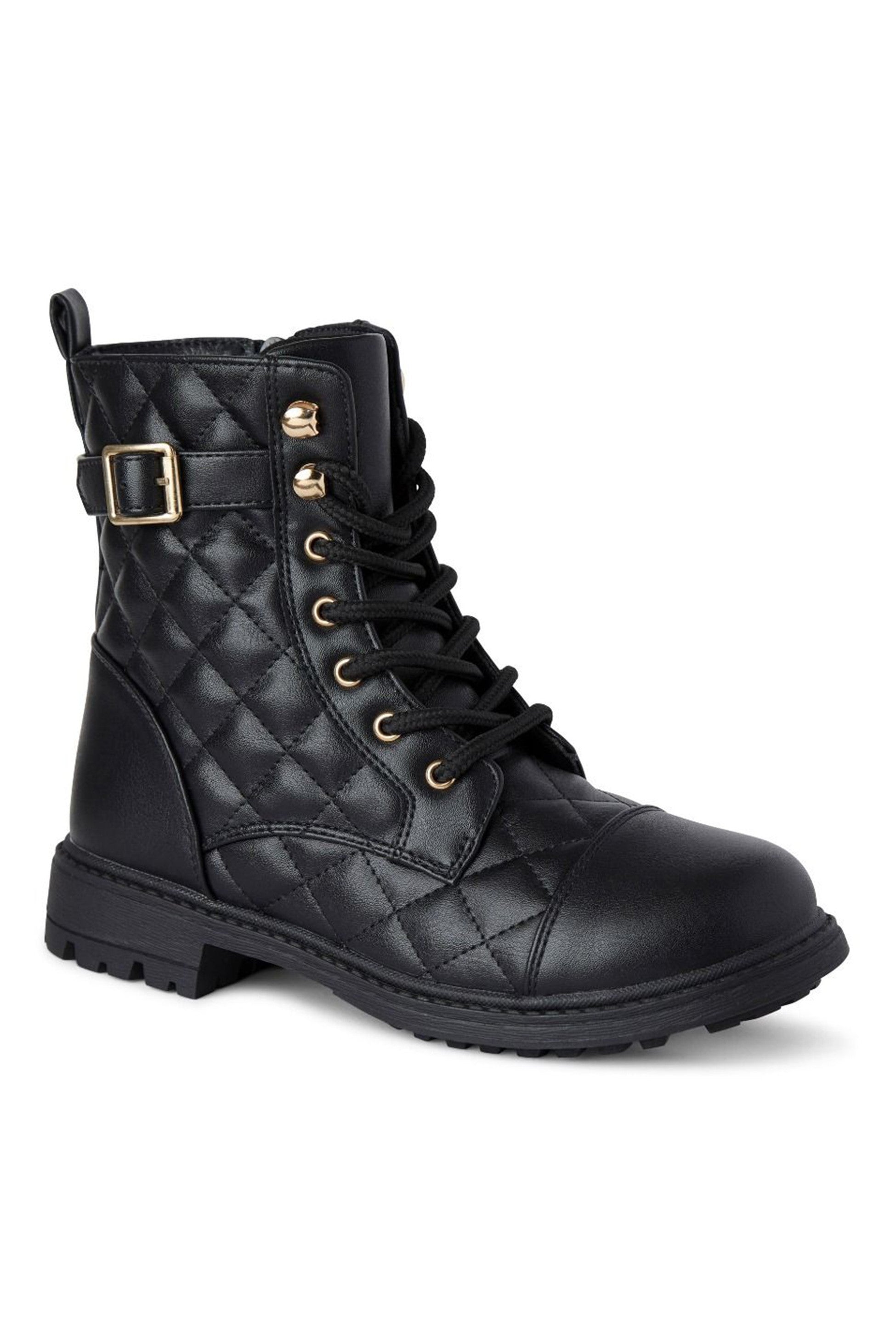 Girls' Quilted Lace-Up Combat Boots - SAGE - Black