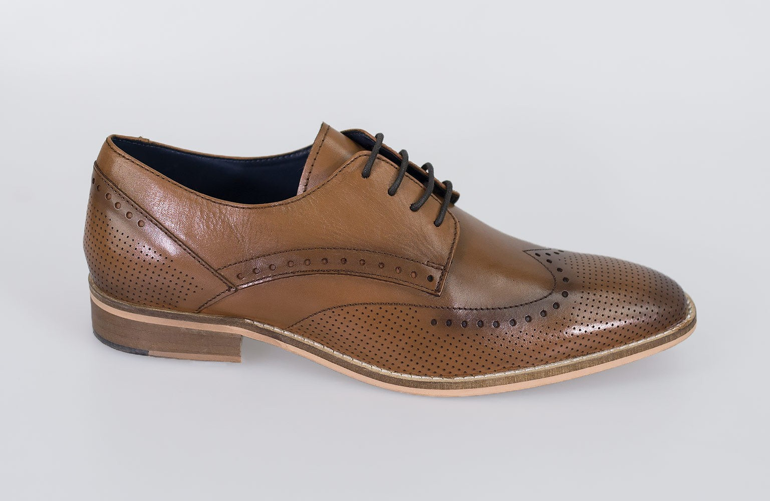 Men's Leather Lace Up Wingtip Brogue Shoes - ROME - Tan Brown