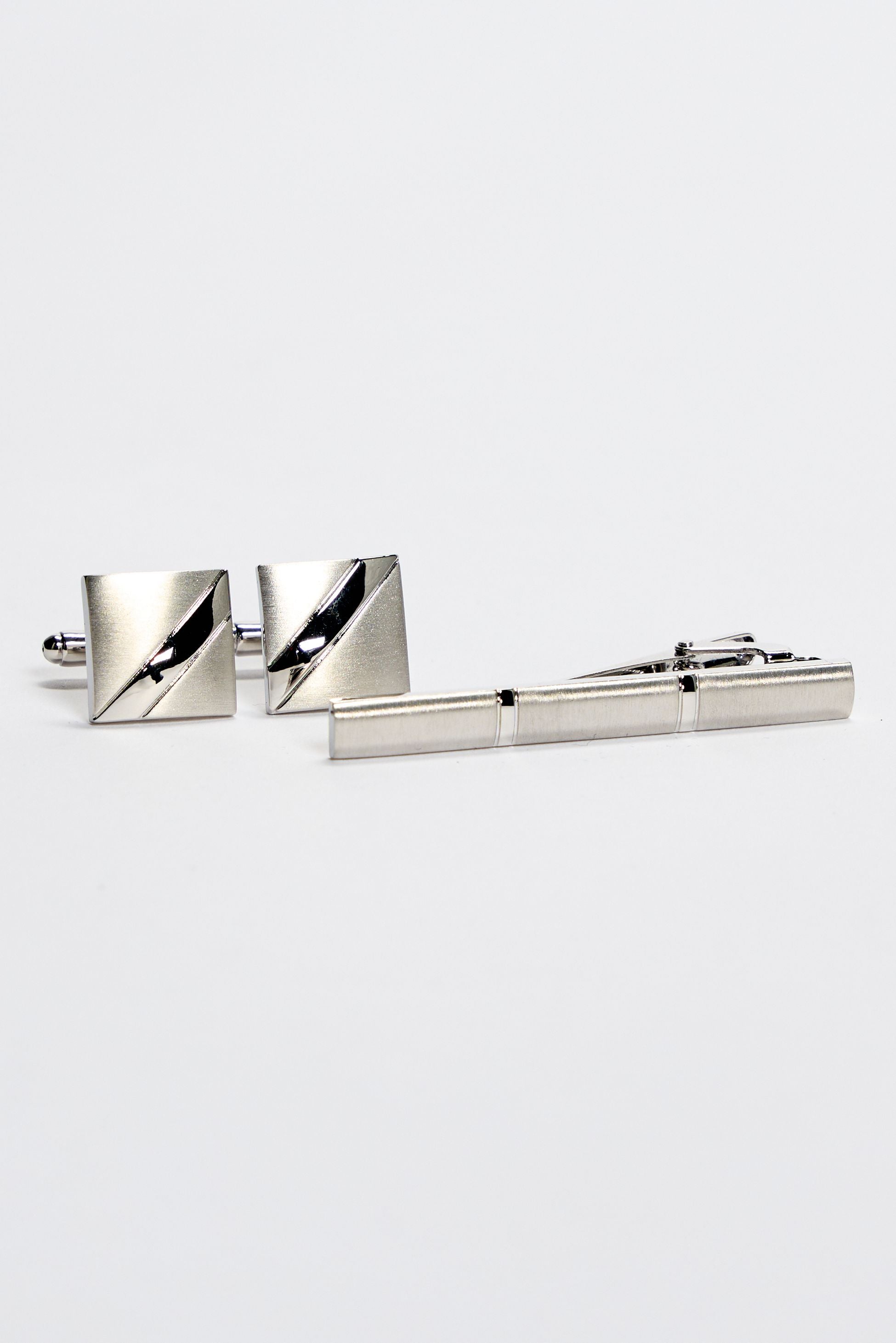 Men's Silver Rectangular Cufflinks and Tie Clip Set