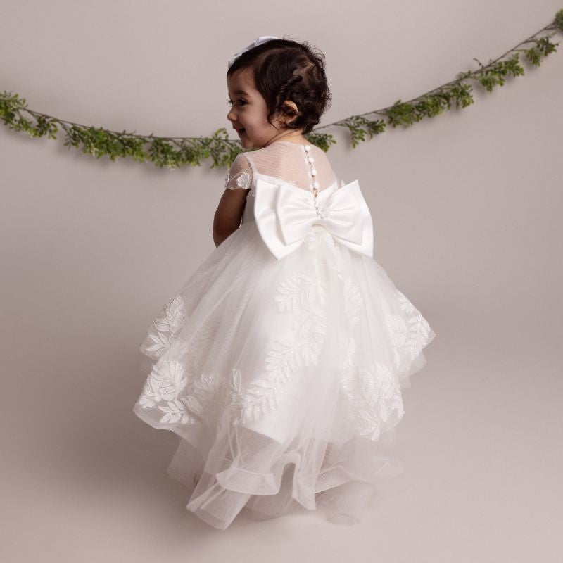 Baby Girls Leaf Lace Ivory Bow Dress - ANAYA - Ivory