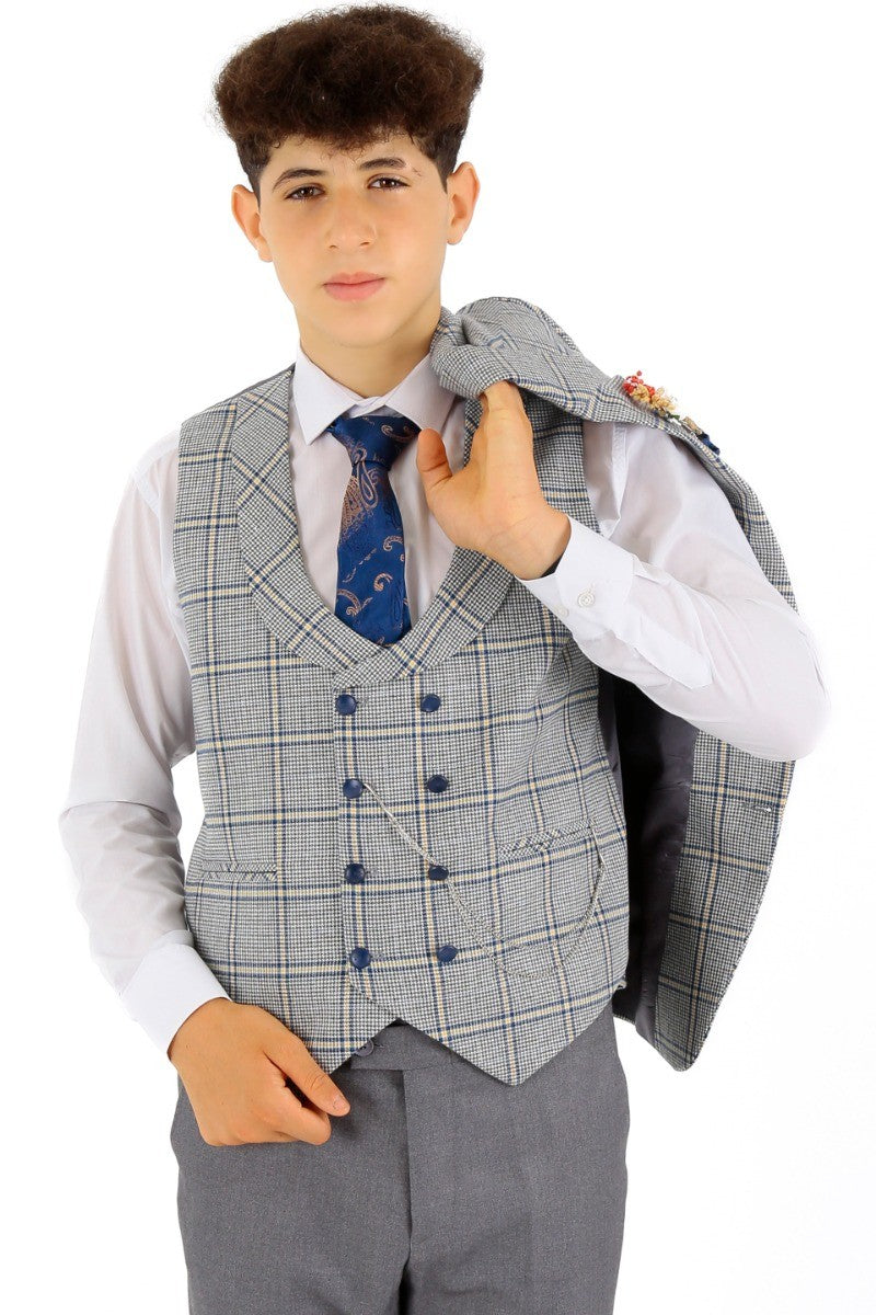 Boys Windowpane Check Slim Fit Suit - Blue - Grey