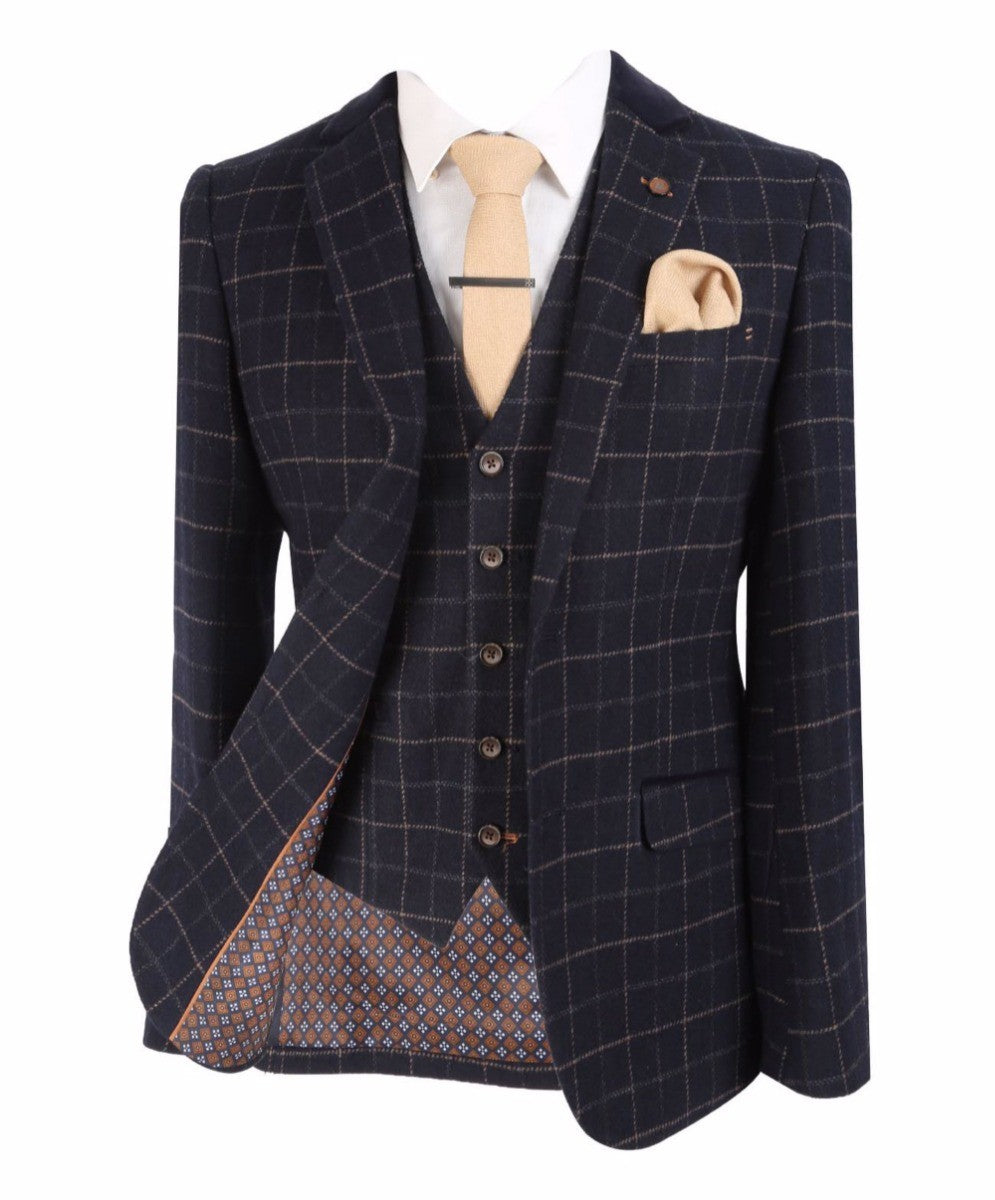 Men's Tweed Check Slim Fit Navy Suit Jacket- SHELBY - Navy Blue