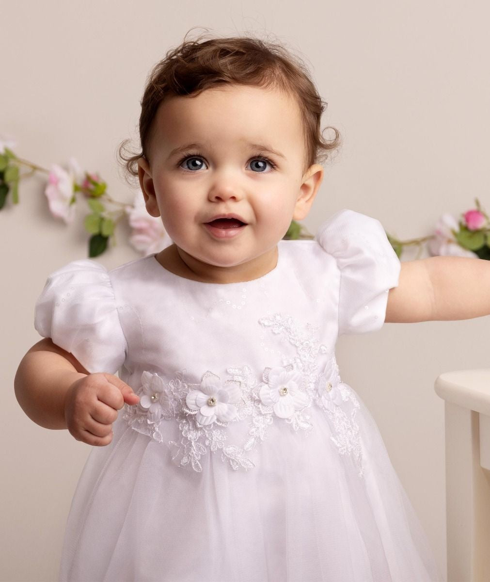 Baby Girls Balloon Sleeves Tulle Dress - RIYA - White