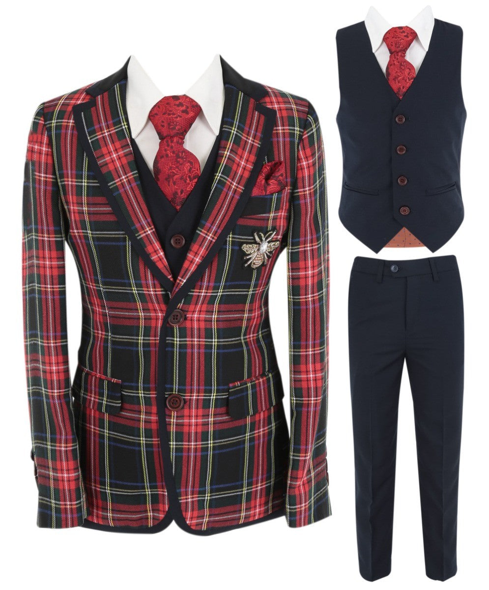 Boys Stewart Tartan Check Fashion Suit - Black and Red