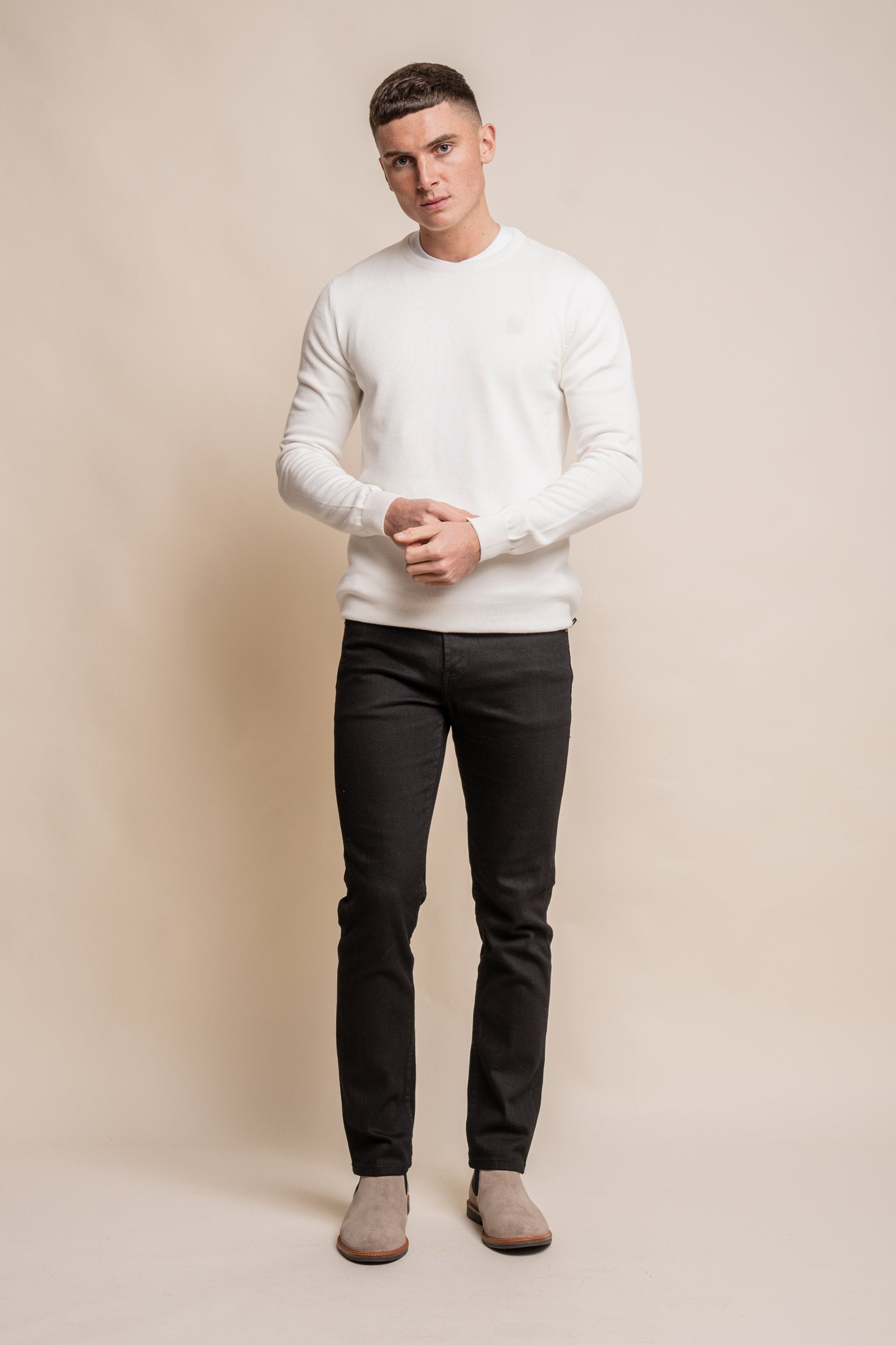 Men's Cotton Slim Fit Crewneck Jumper - Ecru