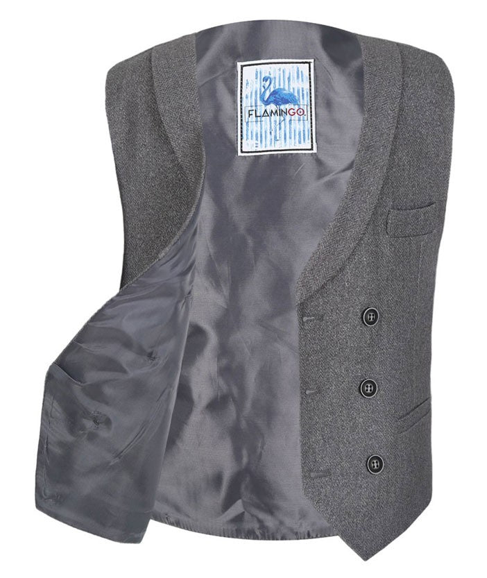 Men's and Boys Herringbone Double-breasted Waistcoat Set - Grey