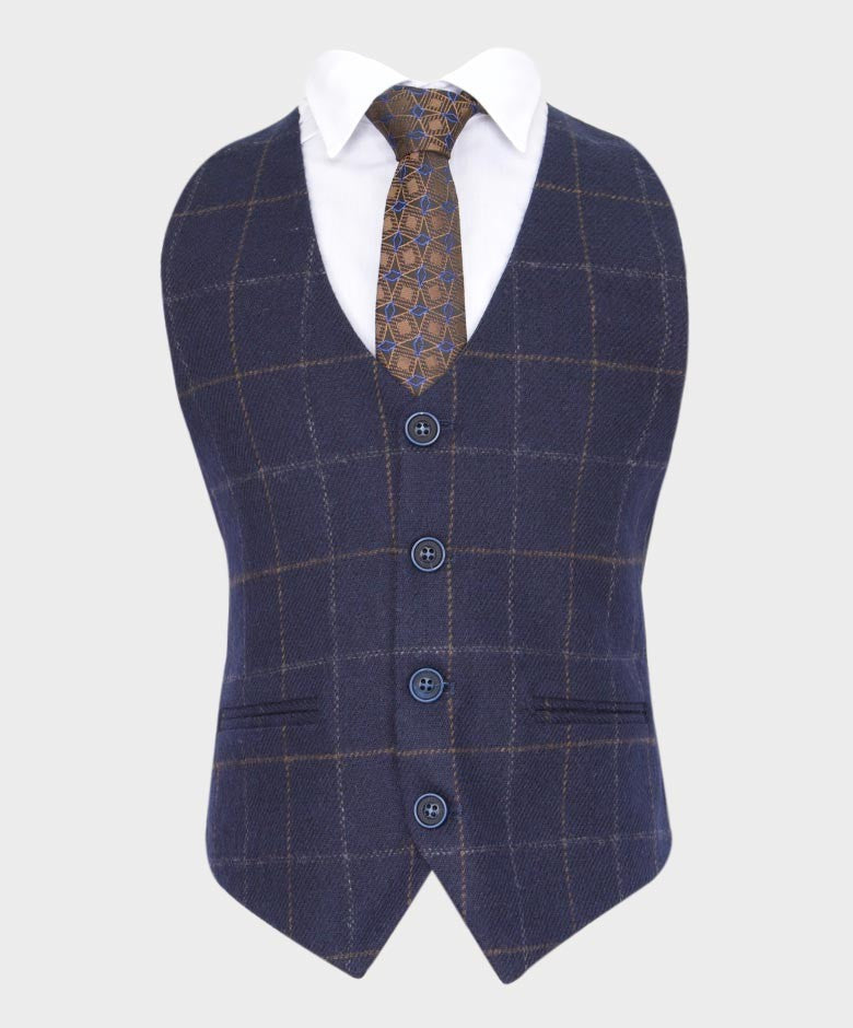 Boys Tailored Fit Tweed Check Navy Suit - SHELBY - Navy Blue