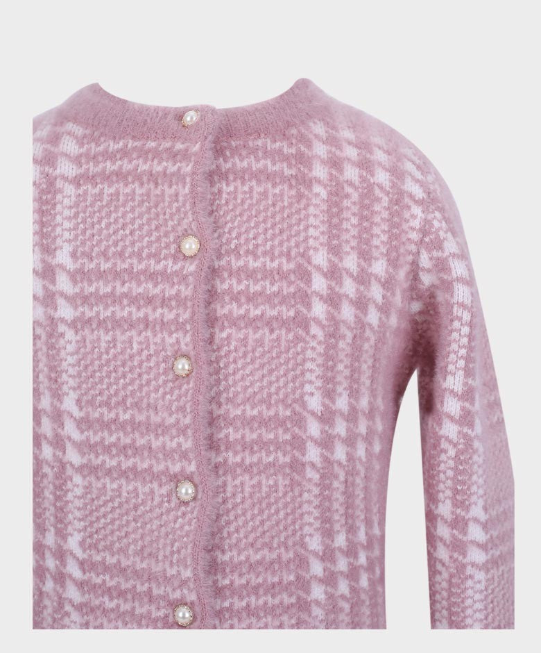 Girls Herringbone Tweed Dress and Cardigan Set - Pink