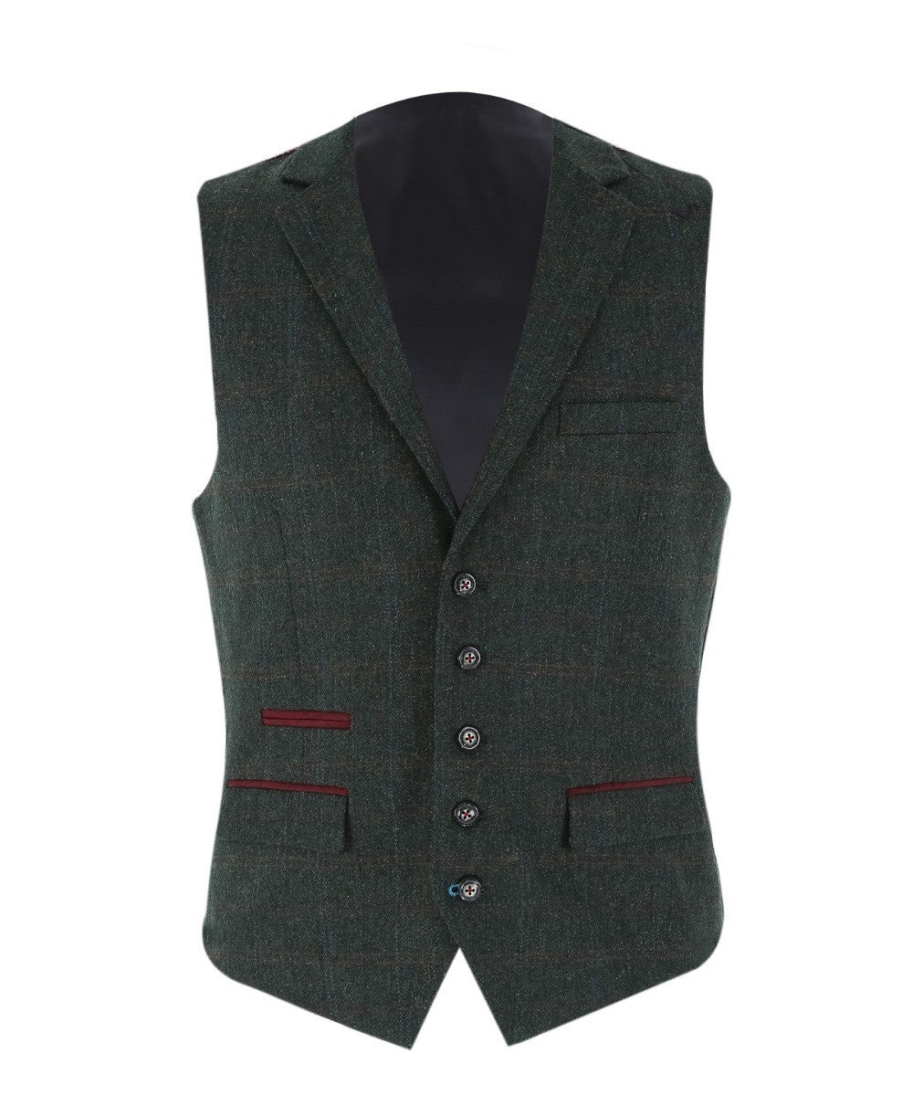 Men's Tweed Check Tailored Fit Waistcoat - JOSHUA Green - Green