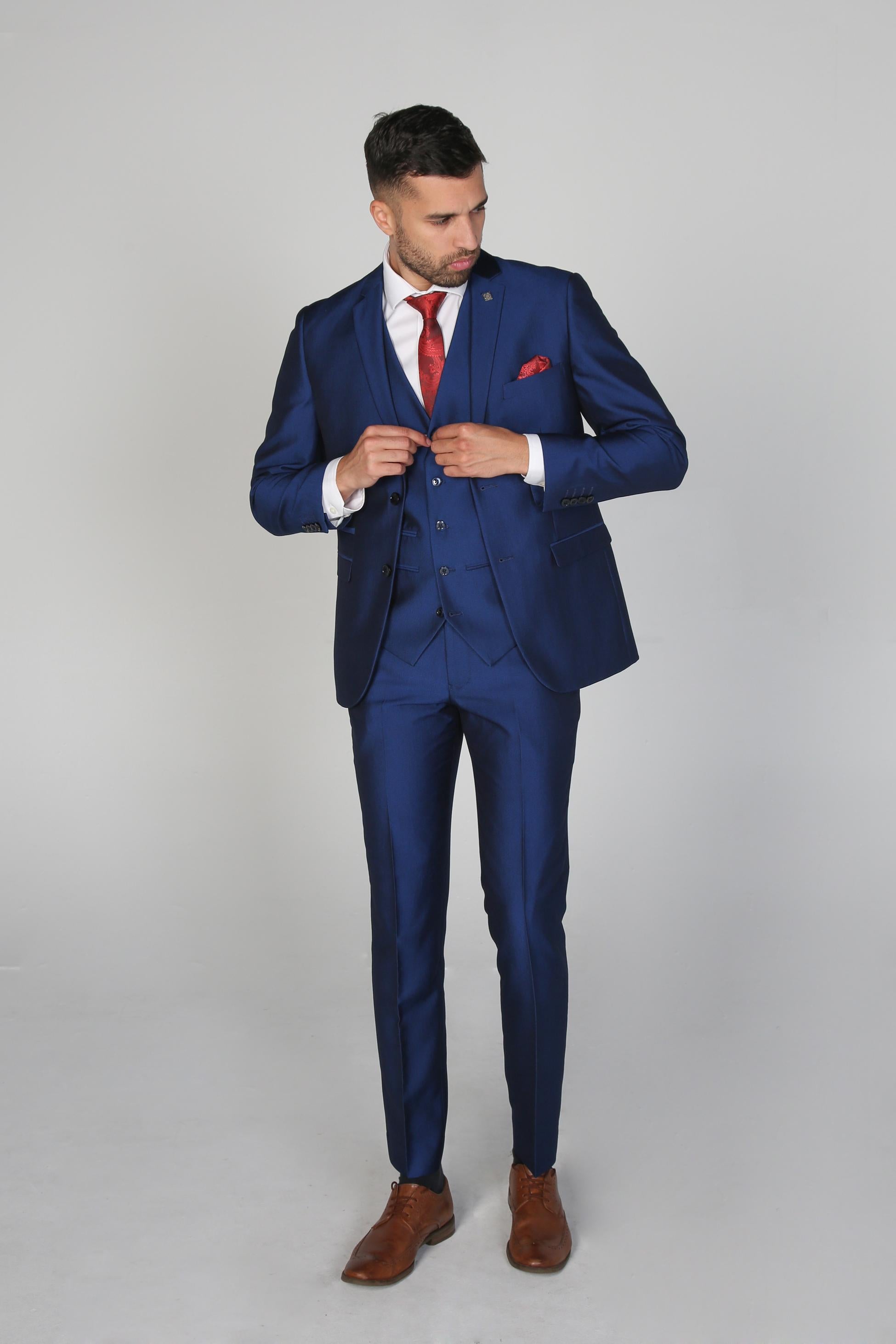 Men's Tailored Fit Sheen Effect Blue Suit - KINGSLEY - Royal Blue