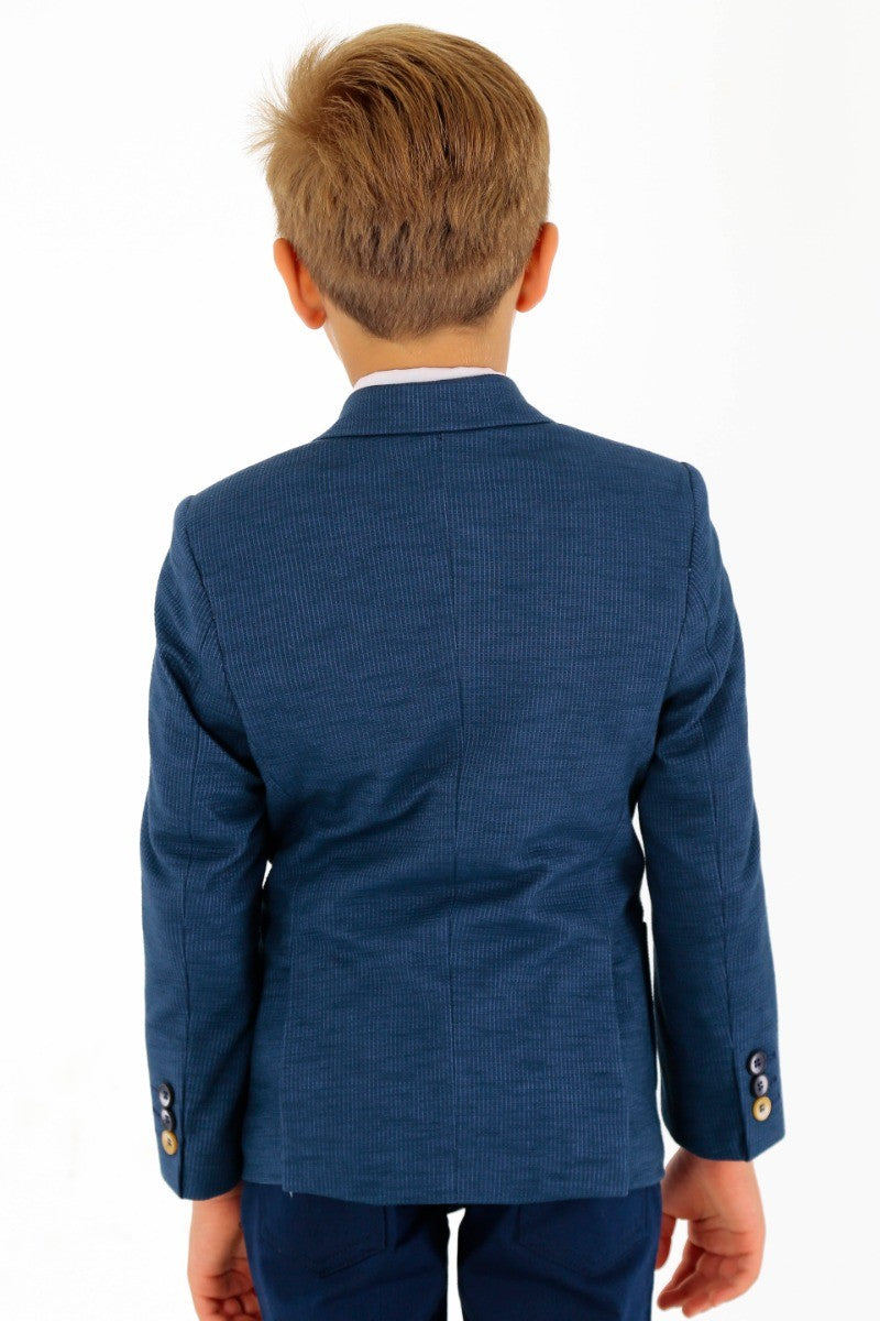 Boys Cotton Blend Slim Fit Formal Twill Blazer - Navy Blue