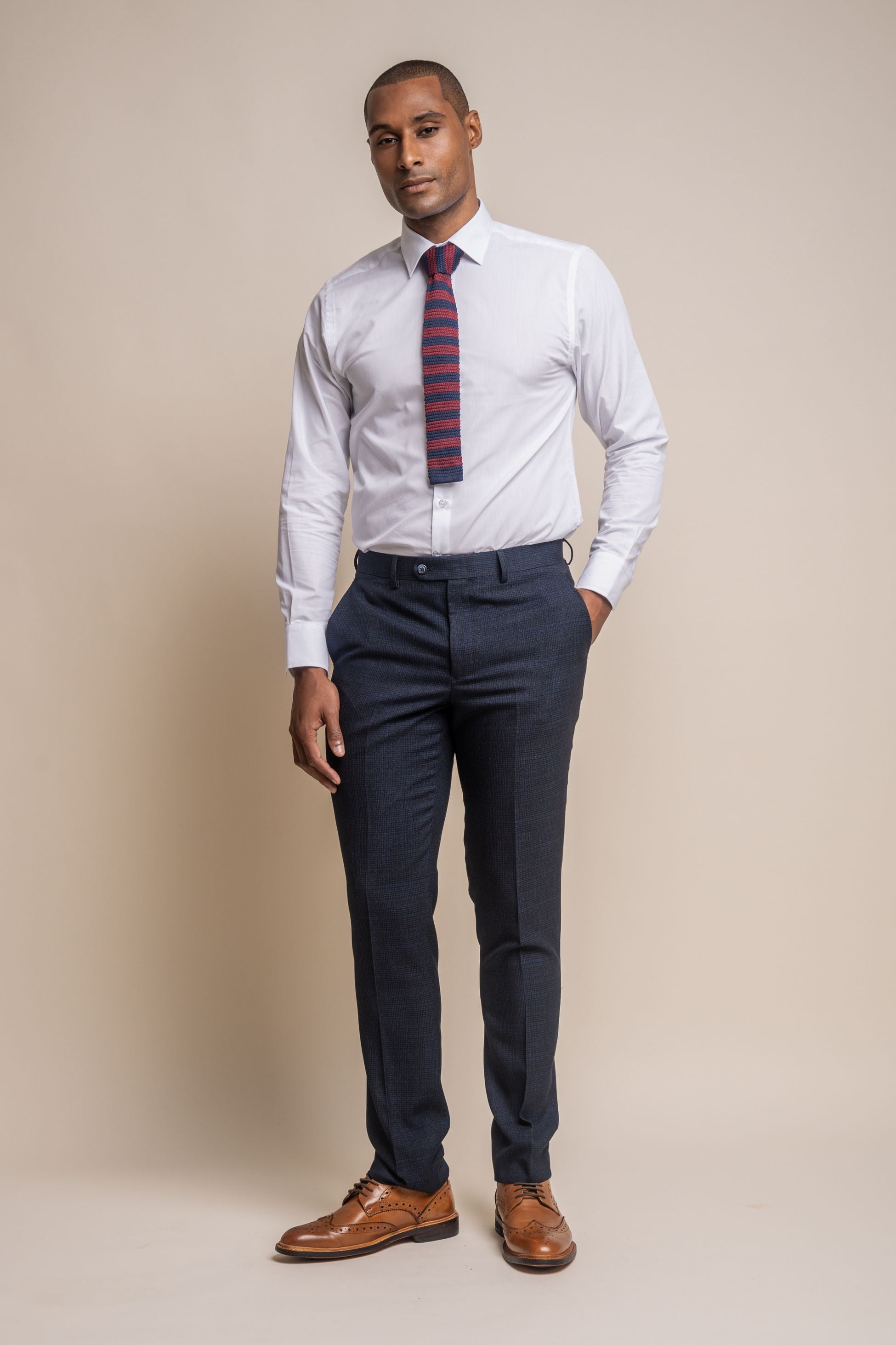 Men's Tweed Houndstooth Check Slim Fit Trousers - CARIDI - Navy Blue