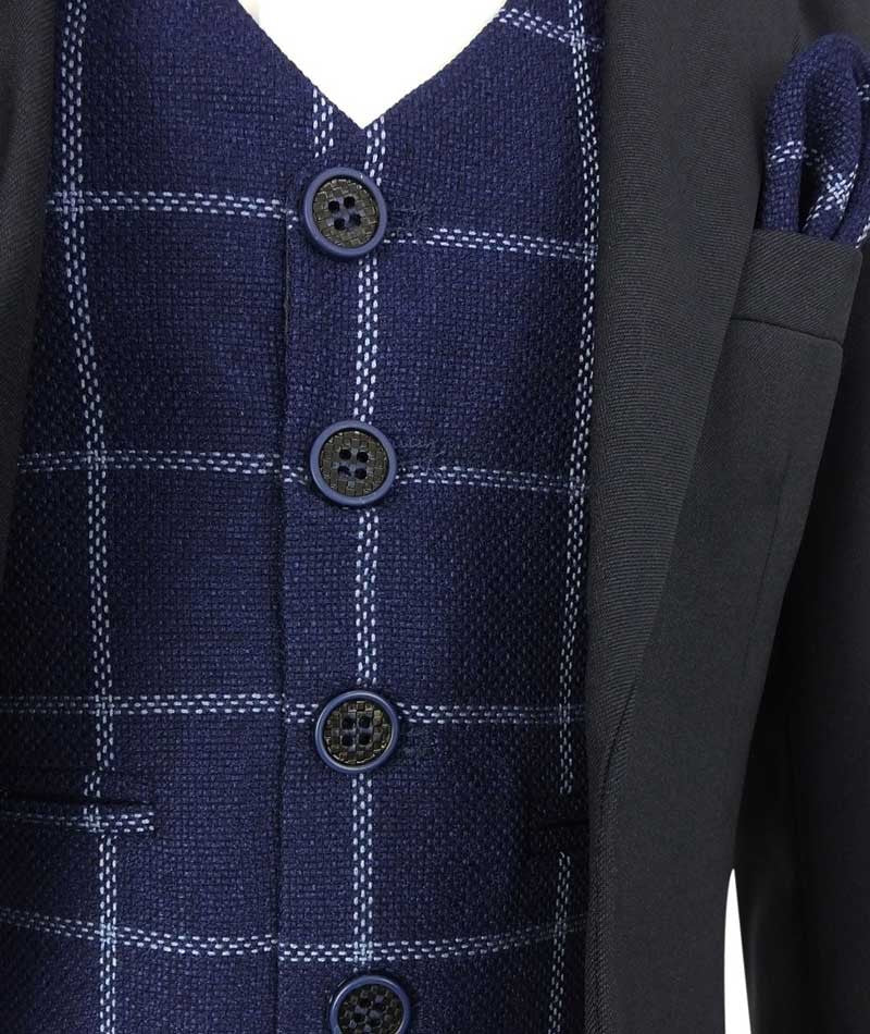 Boys Navy with Tweed Check Waistcoat Suit Set - Navy Blue