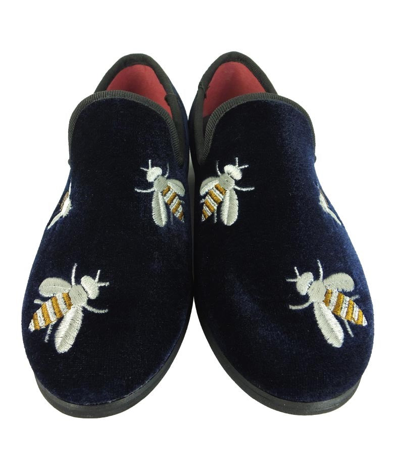 Boys Velvet Bee Embroidered Slip On Loafers - Navy Blue