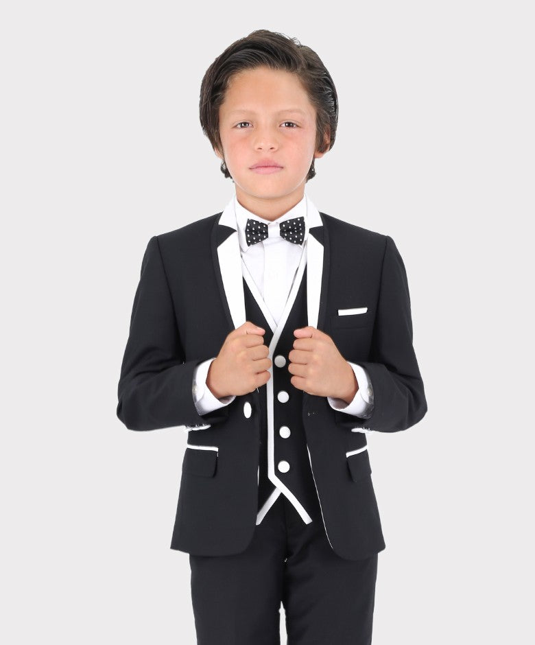 Boys Exclusive Piping Tuxedo Suit - Black - White