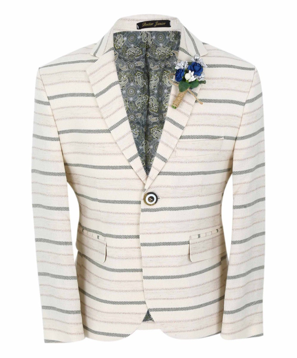 Boys Slim Fit Striped Blazer - Beige - Green