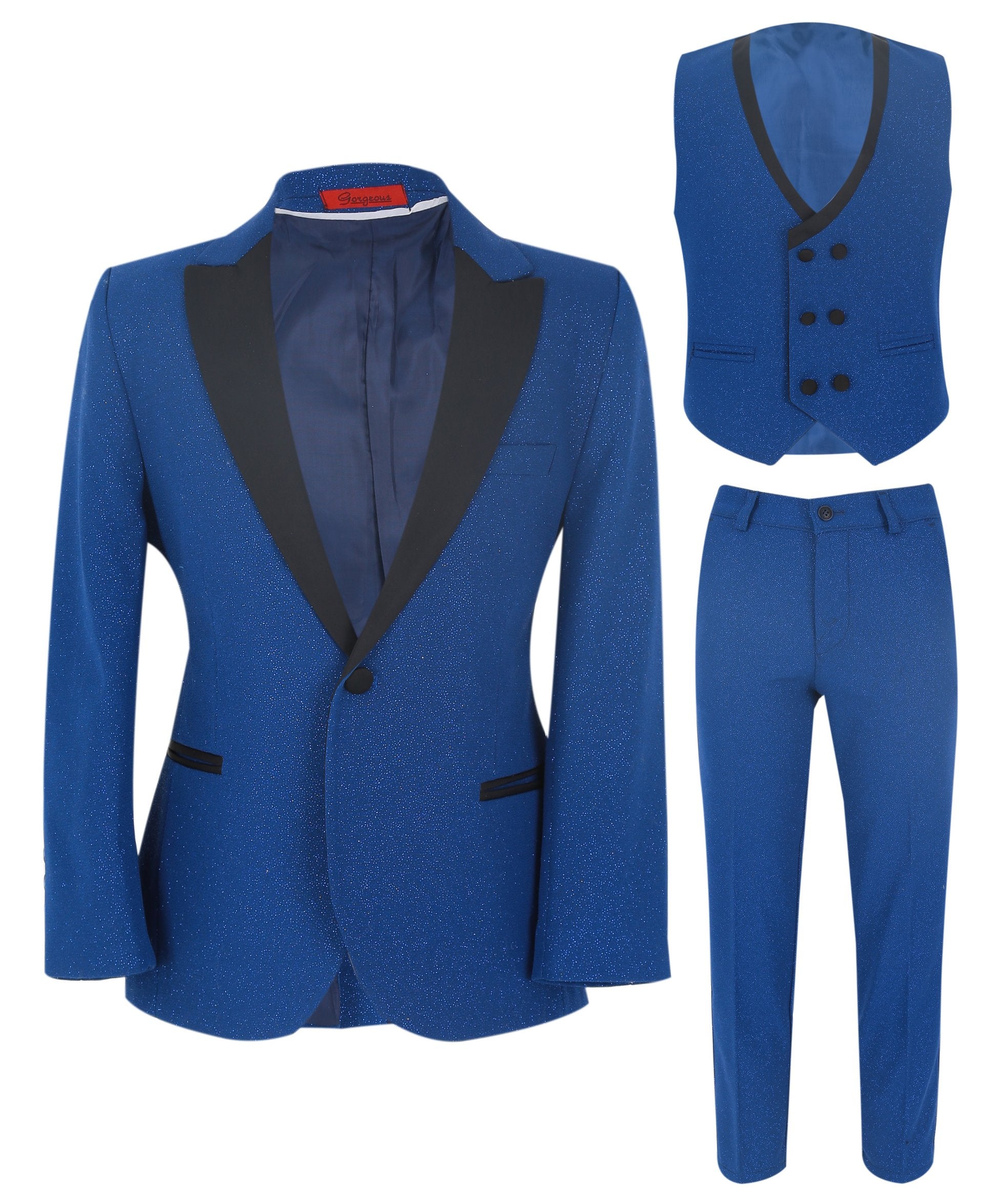 Boys Glittery Slim Fit Tuxedo Dinner Suit - Blue