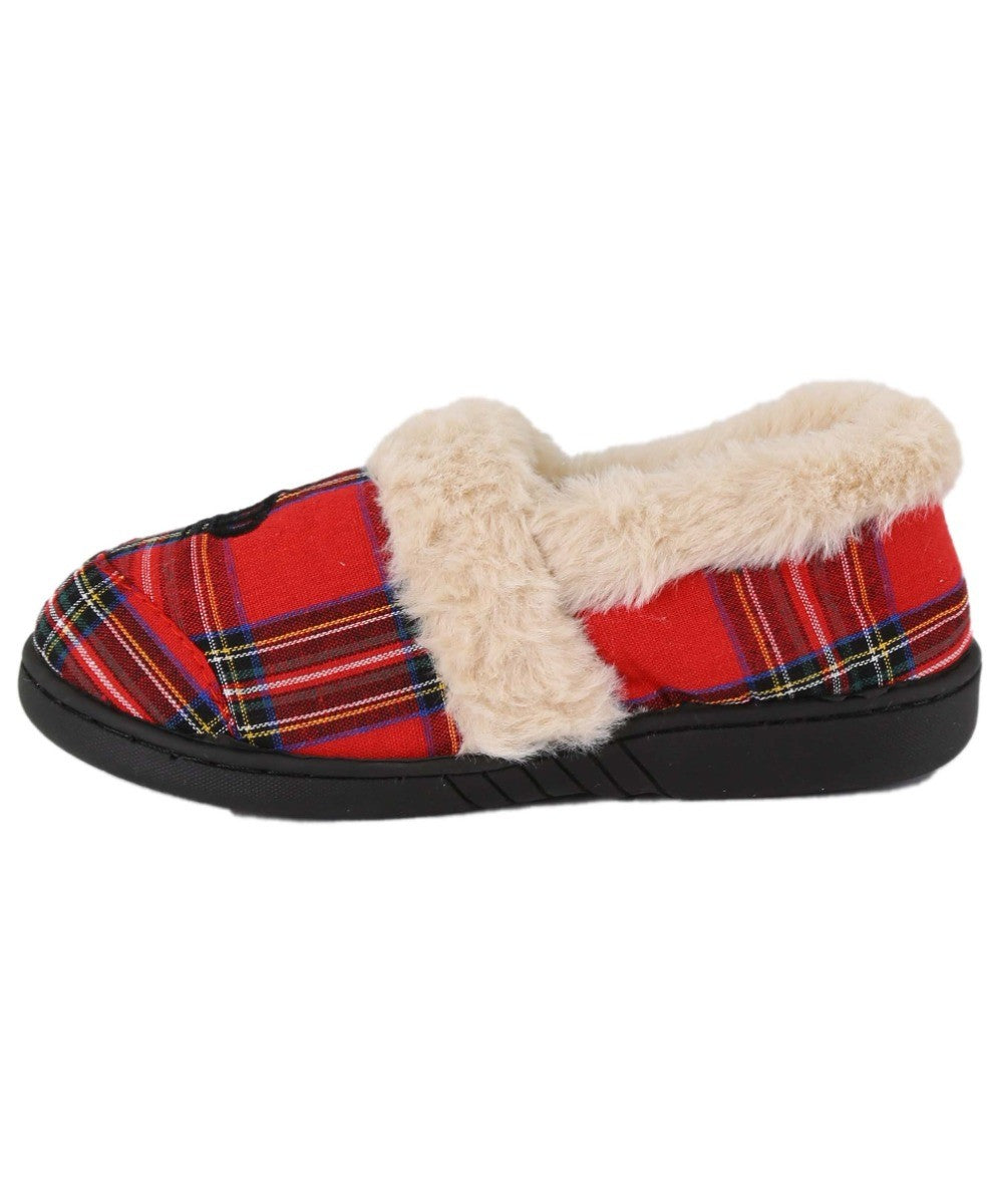 Boys Tartan Plaid Fleece Red Slippers - Crown - Red