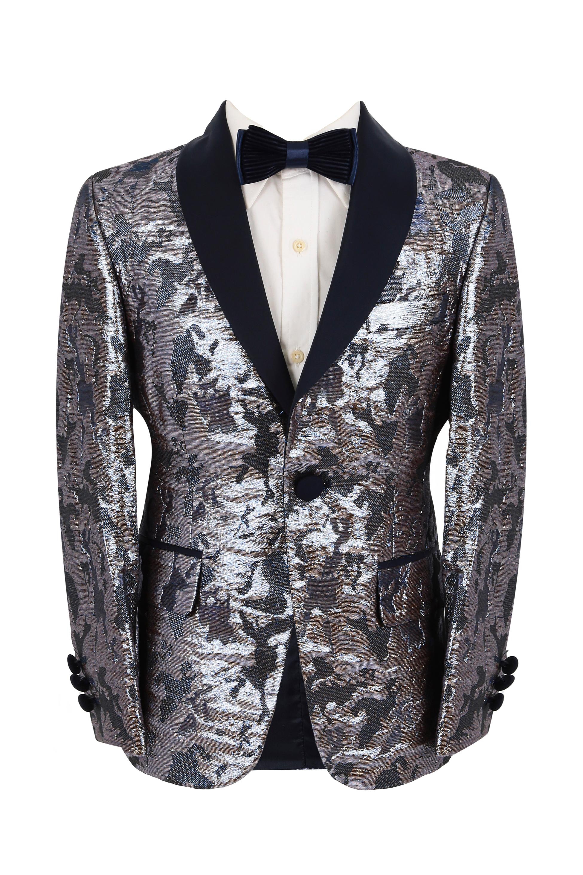 Boys Shimmery Patterned Tuxedo Suit - Gold - Silver