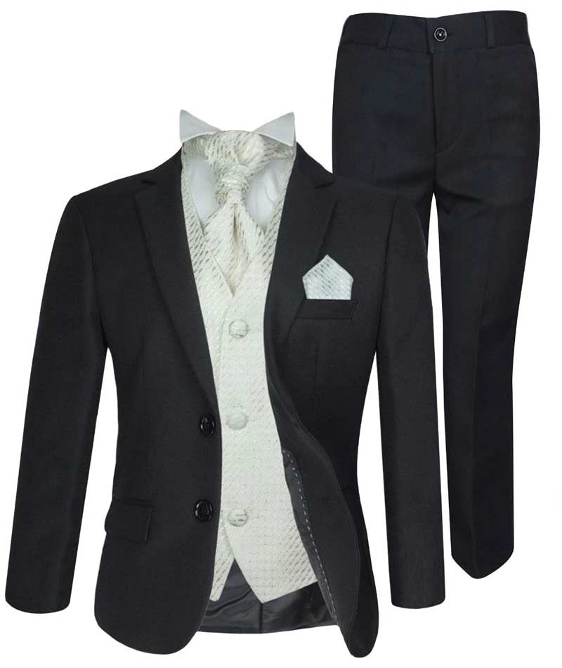 Boys Formal Suit with Patterned Waistcoat and Cravat Set - Antonio - Black