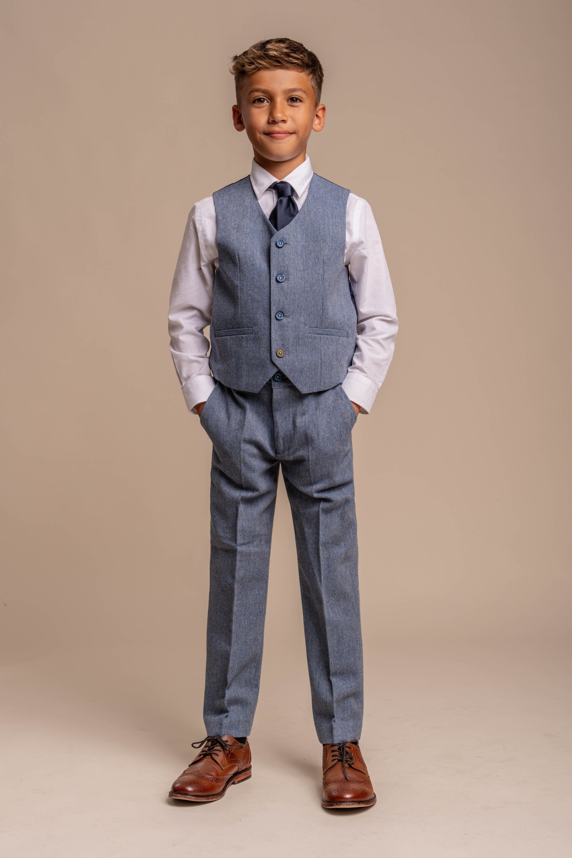 Boys Tweed Slim Fit Suit - WELLS Blue - Light Blue