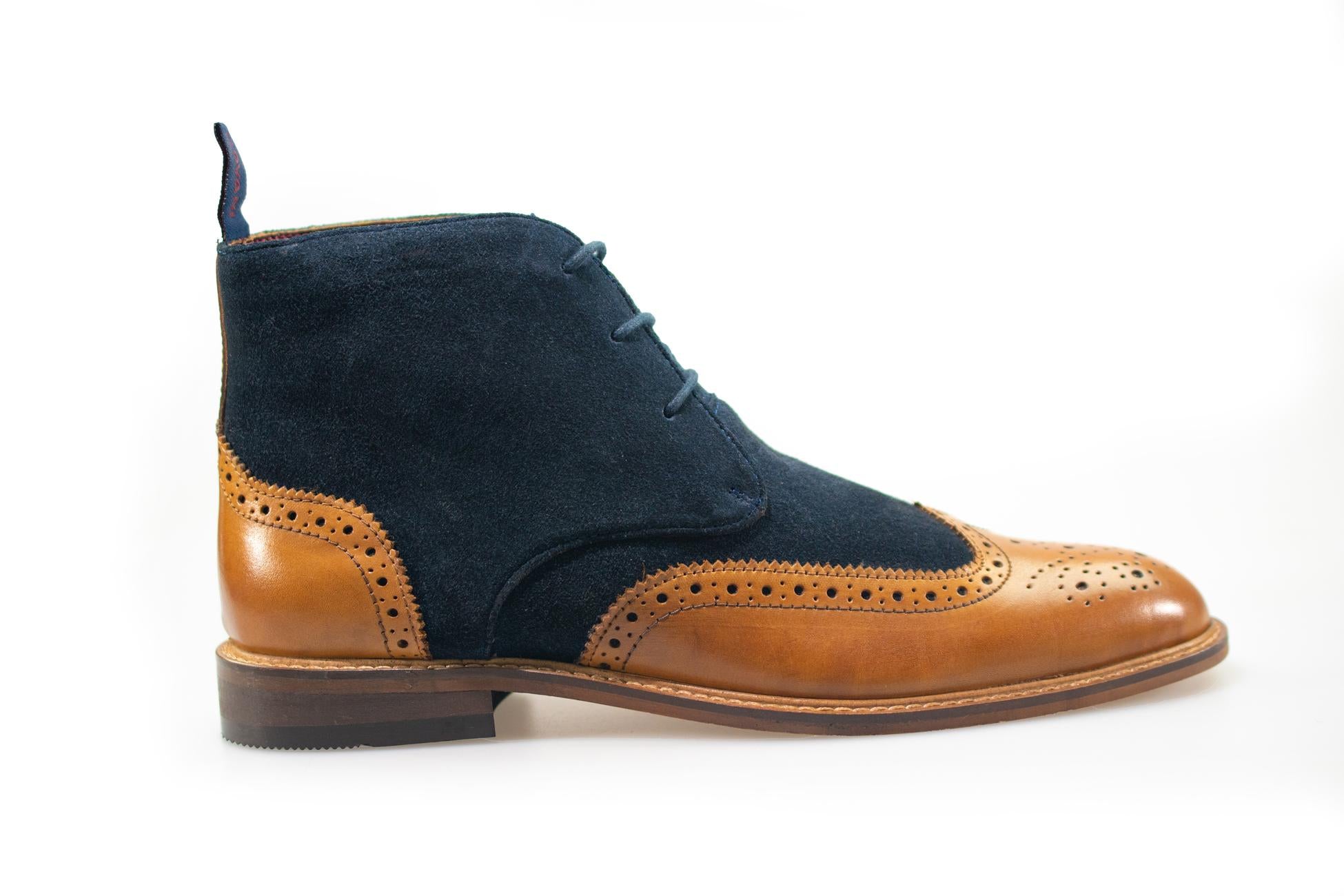 Men's Suede & Leather Brogue Boots - CONNICK - Navy Blue - Tan Brown