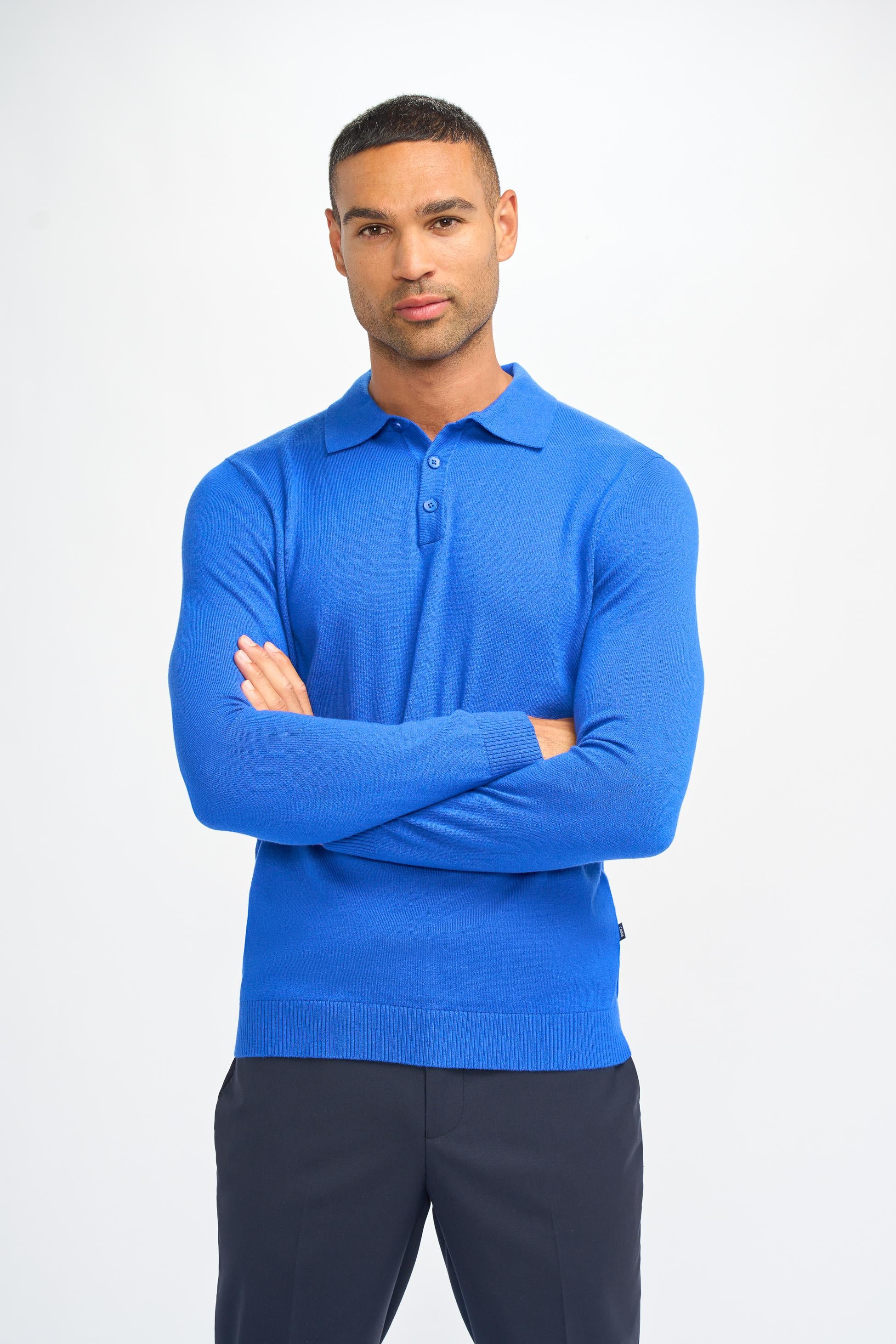 Men’s Wool Knit Long Sleeve Polo Shirt - Boom - Electirc Blue