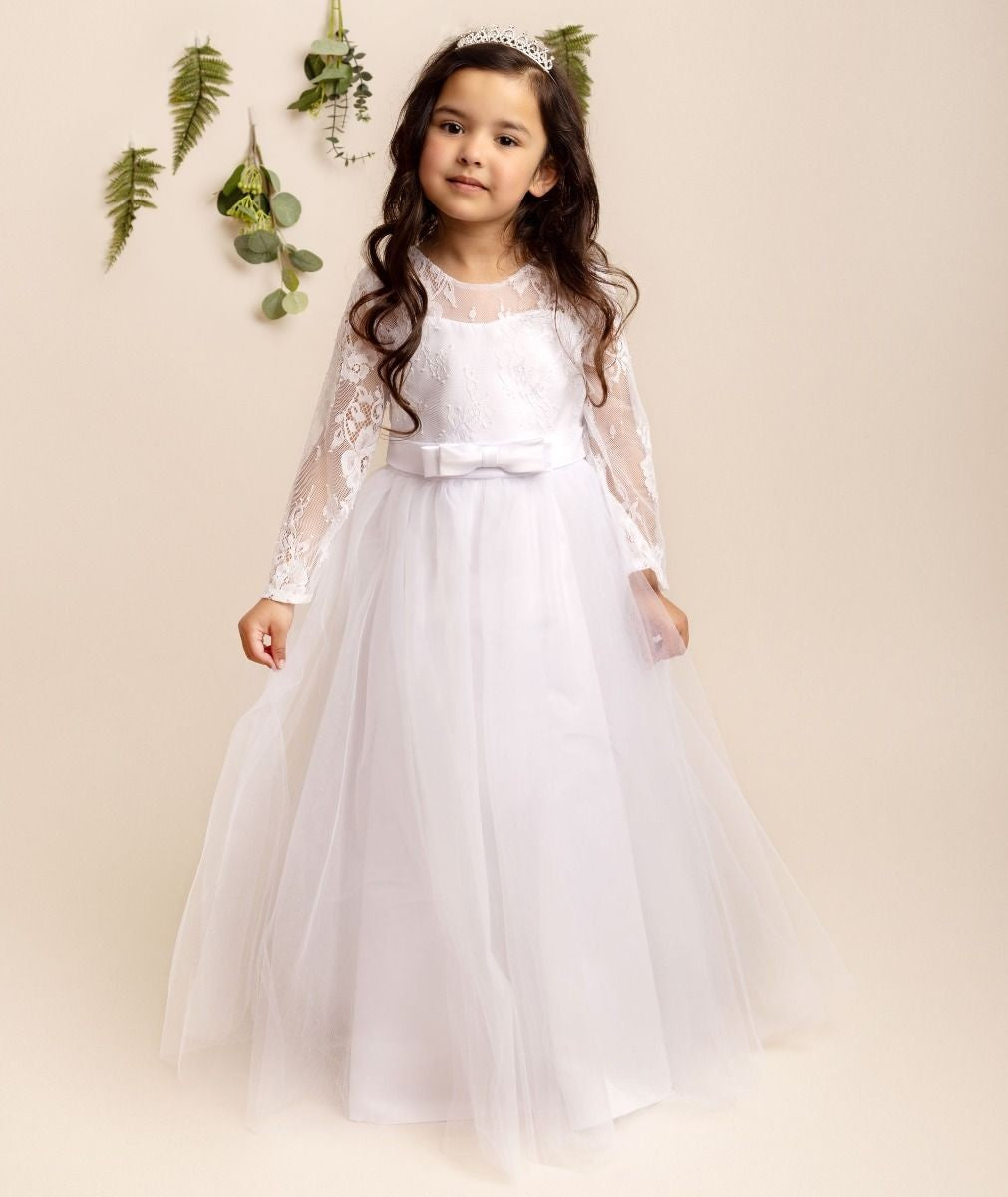 Girls Long Sleeves Lace White Tulle Dress - JADE - White