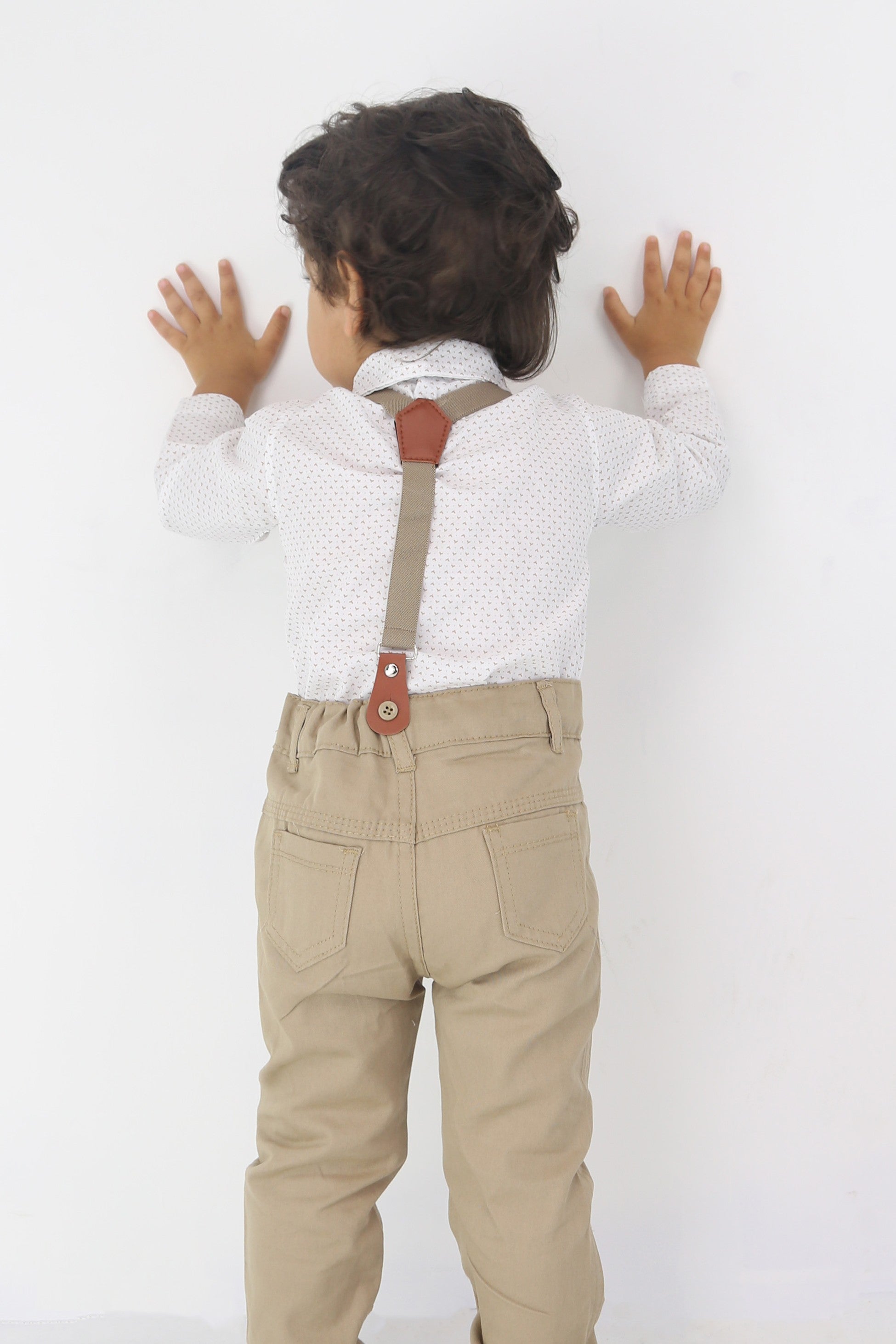 Baby Boys Gentleman Outfit - 4 PC Suspenders Pant Suit Set - BIRD - Tan Brown