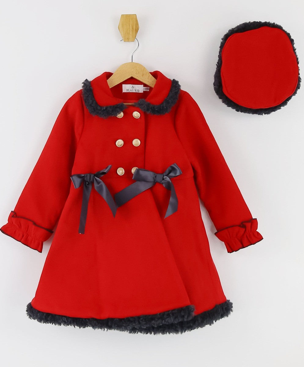 Girls Double-breasted Mid-Length Felted Wool Coat Set - Red