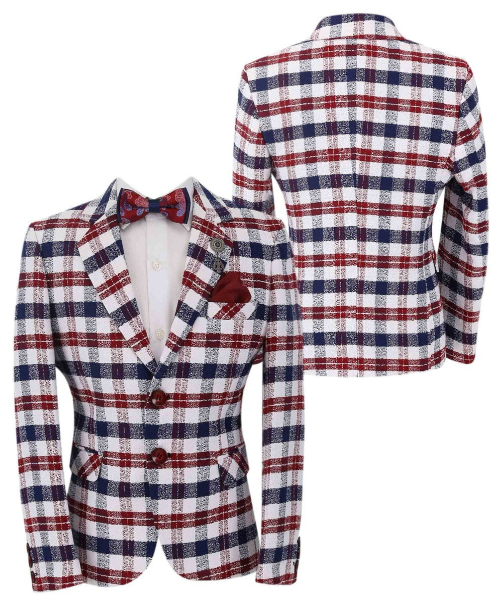 Boys Plaid Cotton Retro Slim Fit Formal Blazer - Burgundy