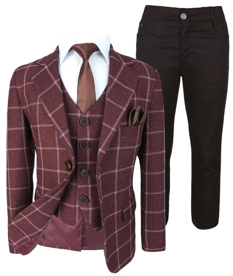 Boys Retro Windowpane Tailored Fit Check Suit - Maroon