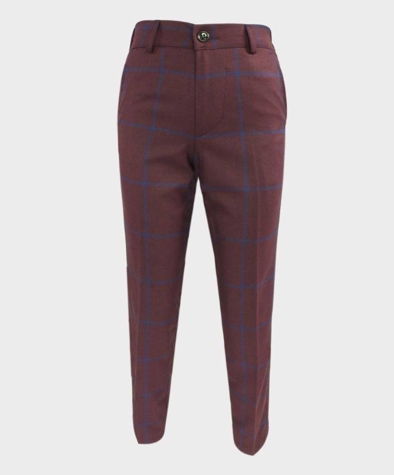 Boys Tailored Fit Windowpane Check Suit - Burgundy