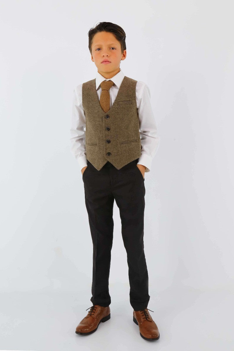 Boys Tweed Herringbone Blazer and Waistcoat Suit Set - Dark Brown