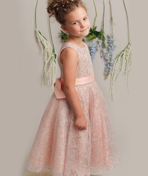 Girls Sparkly Embroidered Dress with Bow – CLIO - Pink