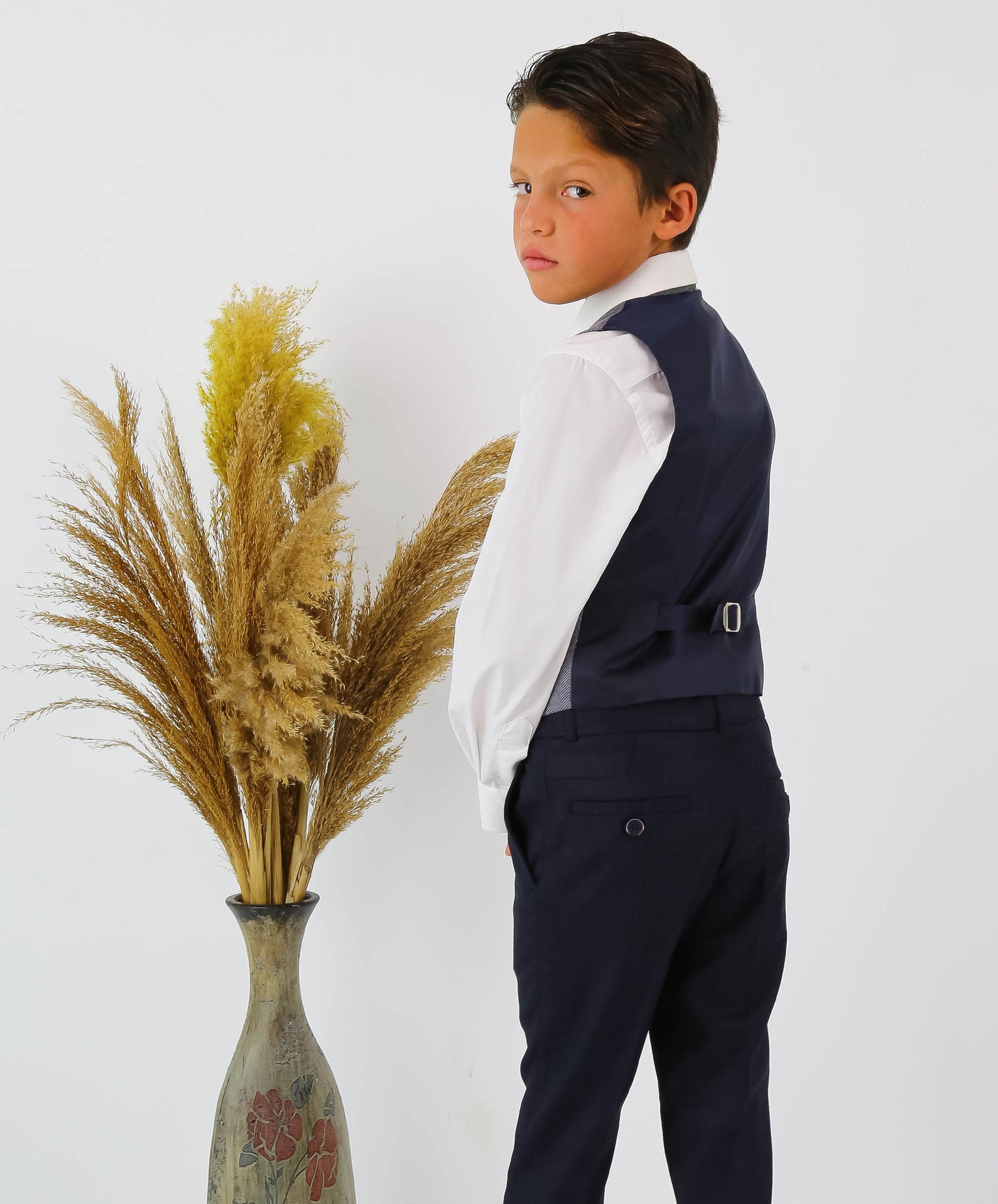 Boys Herringbone Tweed Waistcoat Suit - Navy Blue