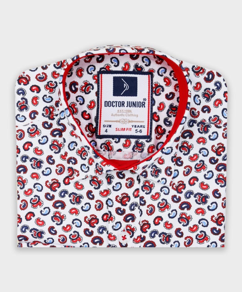 Boys Slim Fit Casual Paisley Shirt - White- Red