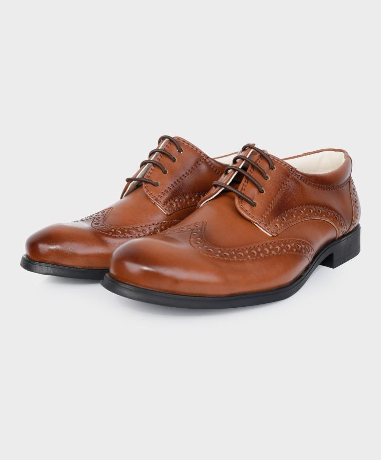 Boys Derby Brogue Lace Up Dress Shoes - Tan Brown