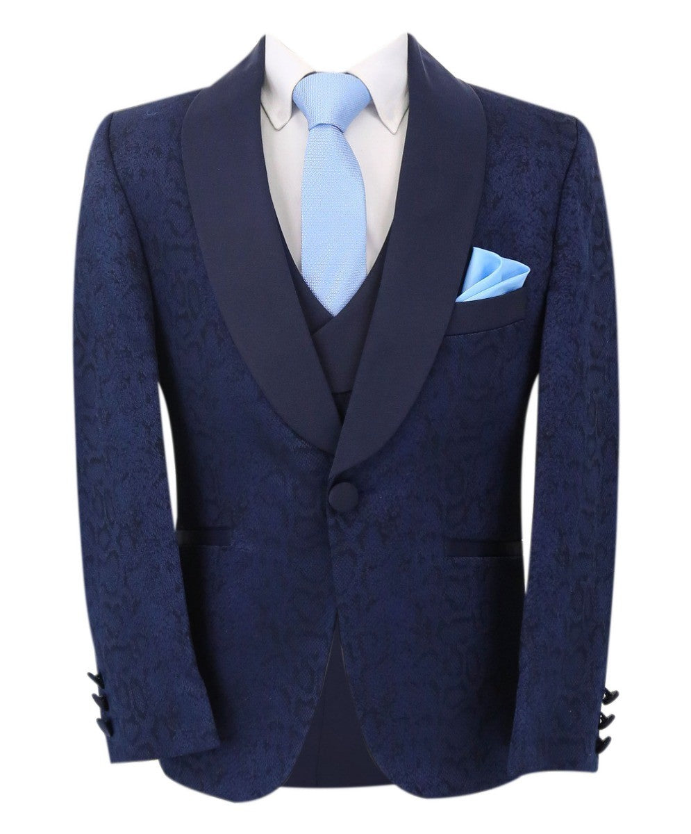 Boys Jacquard Patterned Tuxedo Suit - ASHLEY - Navy Blue