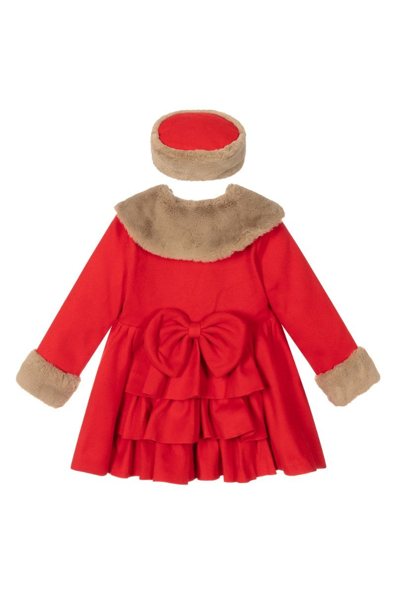 Girls Fur Midi Dress Coat 2 Piece Set - Red